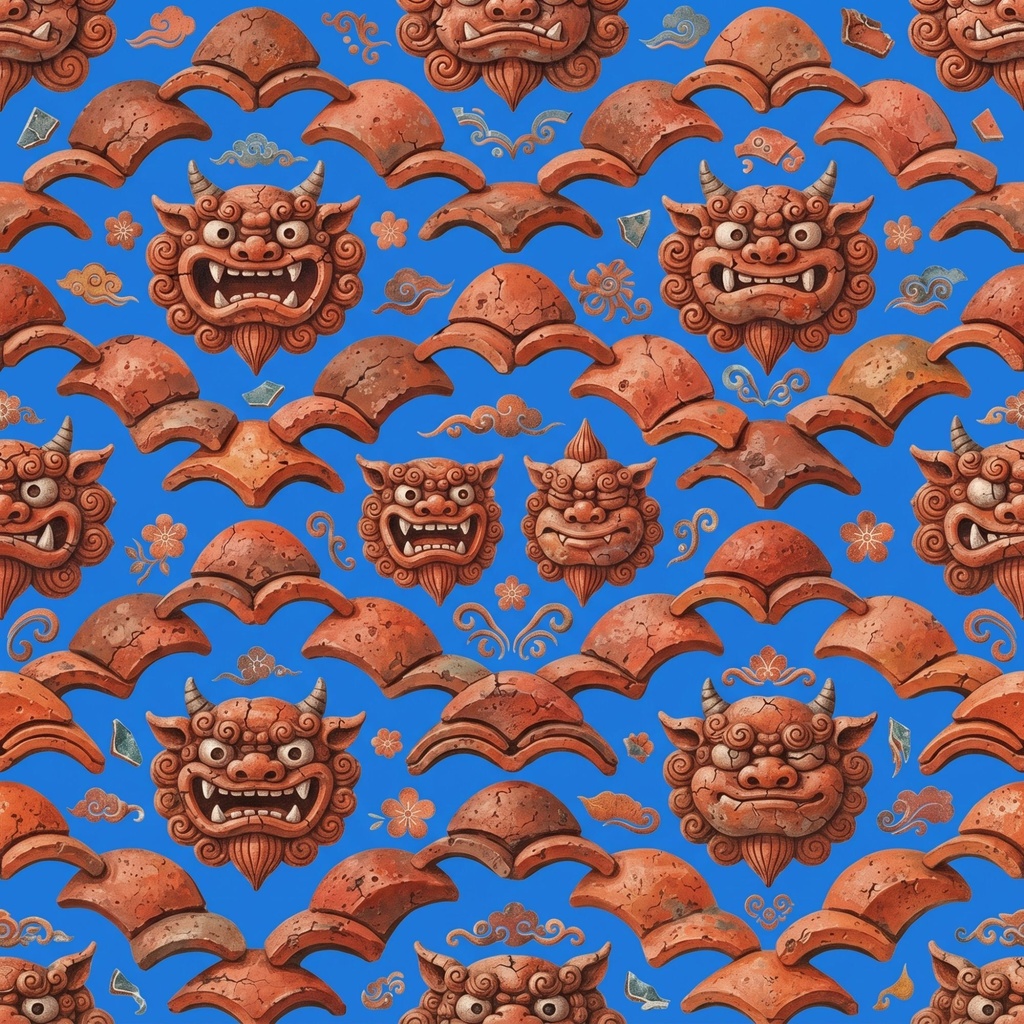 沖縄シーサ デジタルペーパーパック | テラコッタカラーの守り神(獅子)柄 | スクラップブック用背景(印刷可) | Canva対応 | 全11枚 シームレス