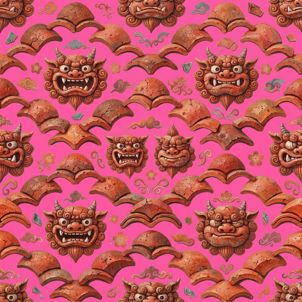 沖縄シーサ デジタルペーパーパック | テラコッタカラーの守り神(獅子)柄 | スクラップブック用背景(印刷可) | Canva対応 | 全11枚 シームレス