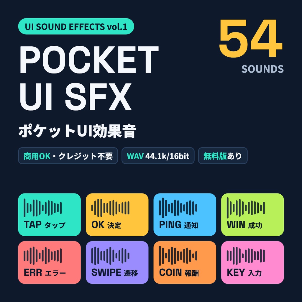 【商用OK・クレジット不要】UI効果音54種|ボタン・通知・成功/失敗・コイン|WAV+OGG・無料版あり|POCKET UI SFX 01