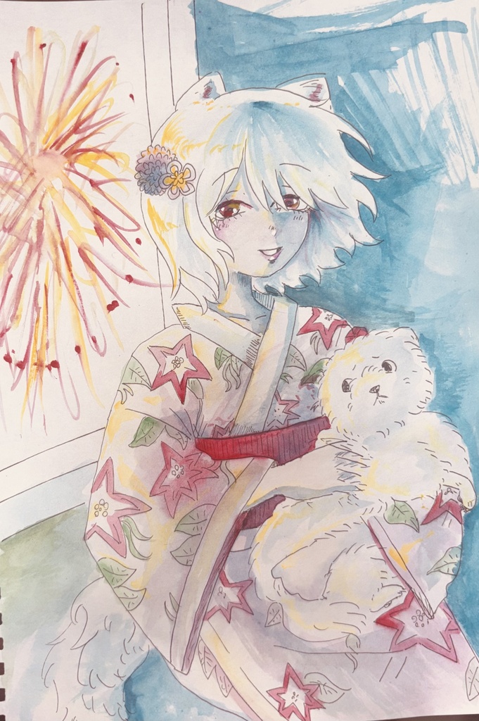 犬走椛の浴衣with犬の水彩画