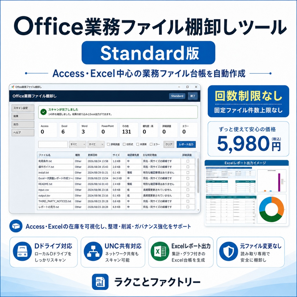Office業務ファイル棚卸しツール Standard版｜Access・Excel中心の業務ファイル台帳を自動作成
