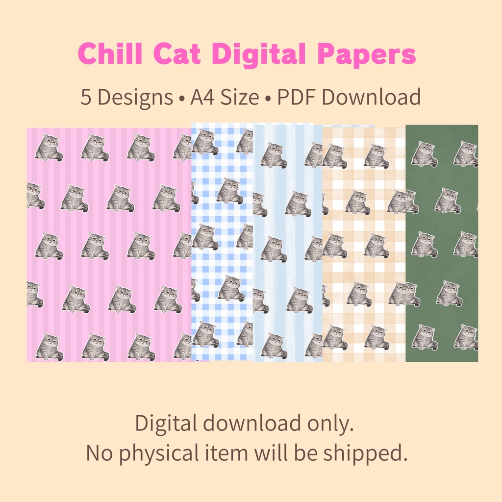 のんびり猫のデジタルペーパー｜Chill Cat Digital Papers｜5 Designs・A4 PDF