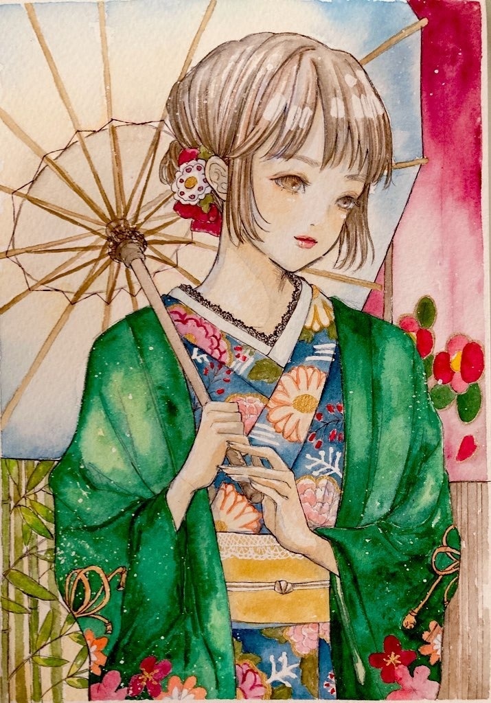 sample手描きイラスト 水彩画 原画 緑色タンクトップ 三つ編みの