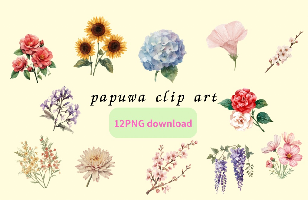 日本の季節の花シリーズ|アンティーク水彩クリップアート(全12種)|PNGデータ