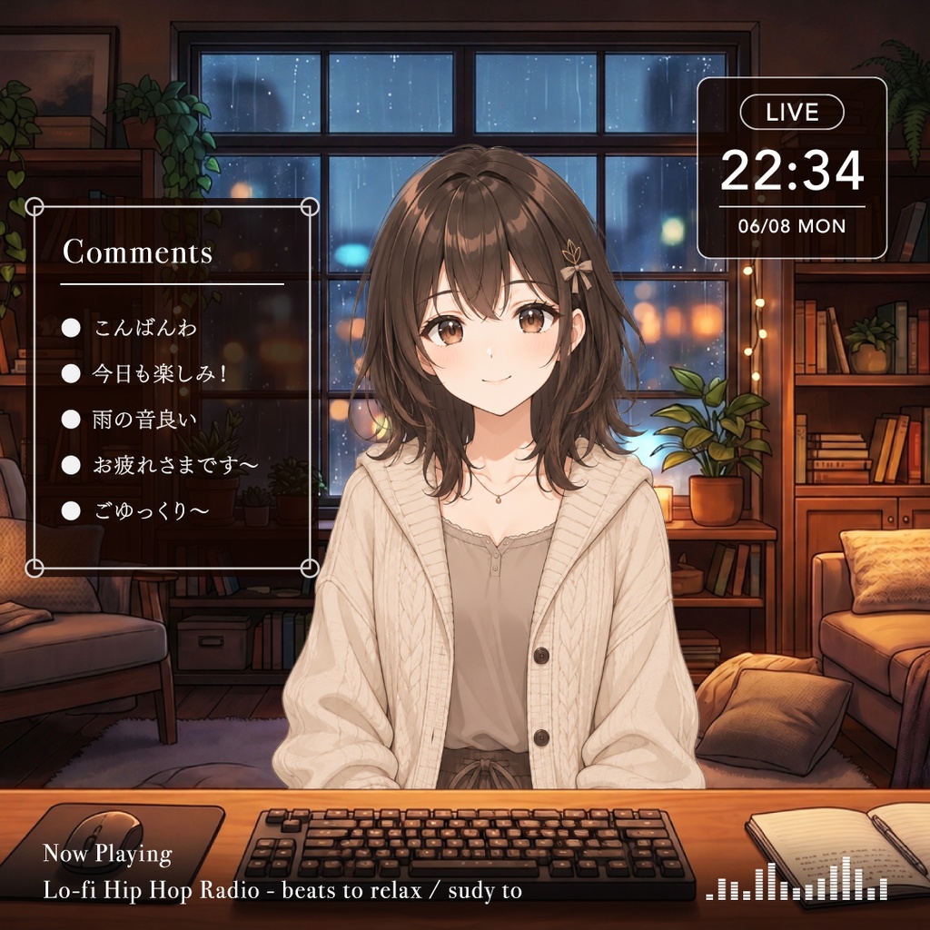 【VTuber配信背景】Cozy Rainy Night Room|Lo-fi雑談配信背景(1920×1080)