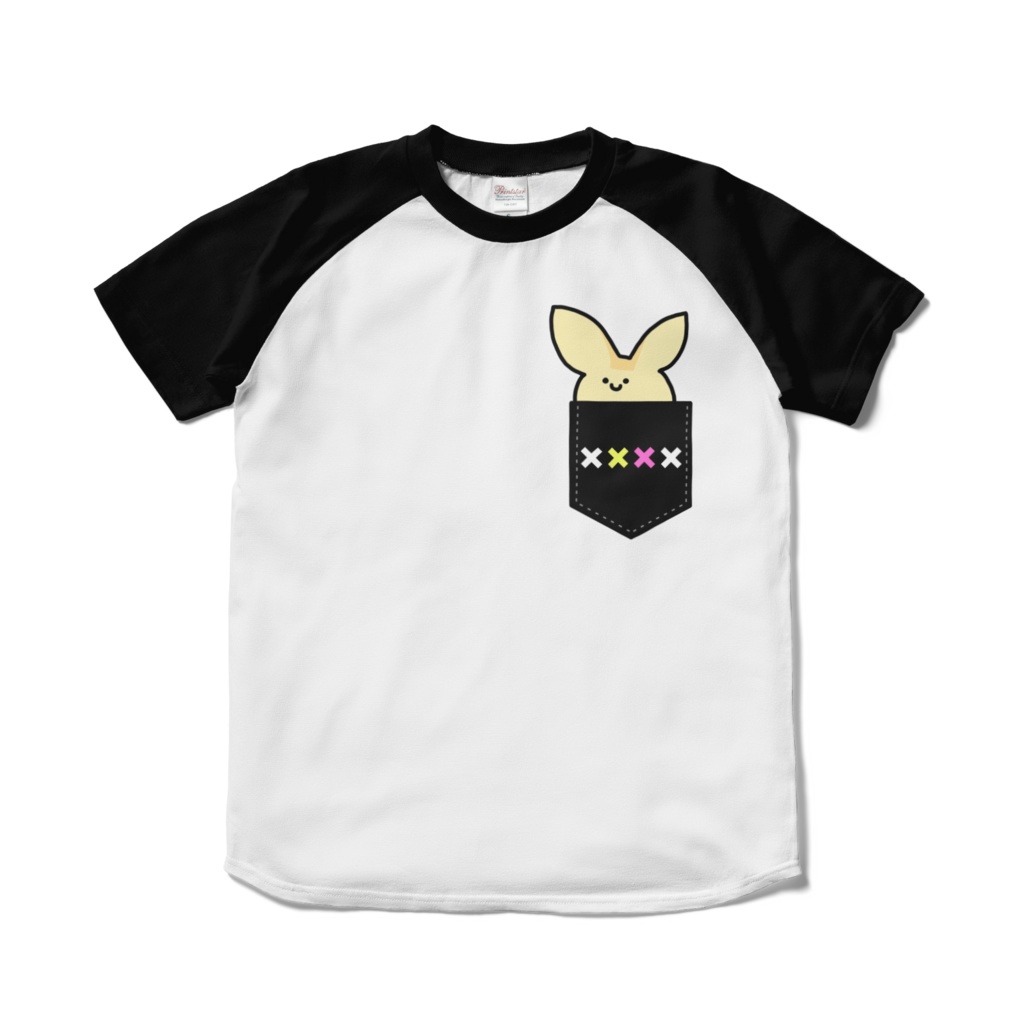 フェネックラグランTシャツポケット風-ホワイト×ブラック