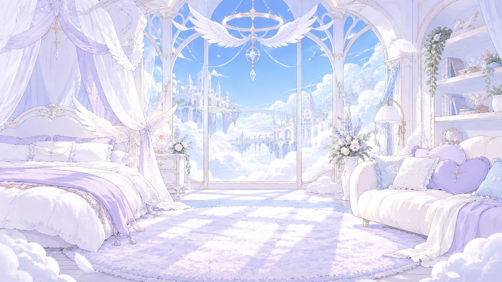 【VTuber向け配信素材】天使の微睡|幻想的な雲の上の天使の寝室・ガーリーファンタジー 配信画面セット