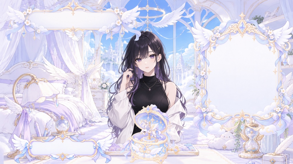 【VTuber向け配信素材】天使の微睡|幻想的な雲の上の天使の寝室・ガーリーファンタジー 配信画面セット