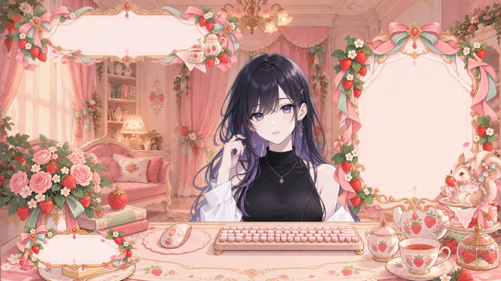 【VTuber向け配信素材】苺のティータイム|幻想的な苺の部屋・レトロアンティーク 配信画面セット