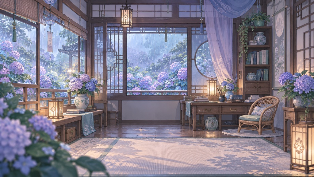 【VTuber向け配信素材】雨の日の紫陽花室|紫陽花・梅雨・和洋折衷 配信画面セット