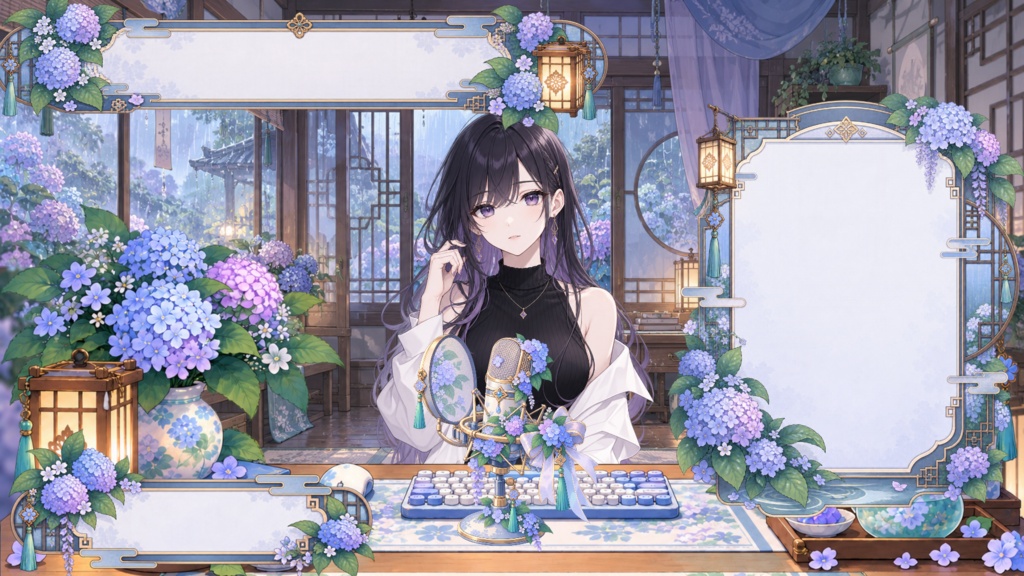 【VTuber向け配信素材】雨の日の紫陽花室|紫陽花・梅雨・和洋折衷 配信画面セット