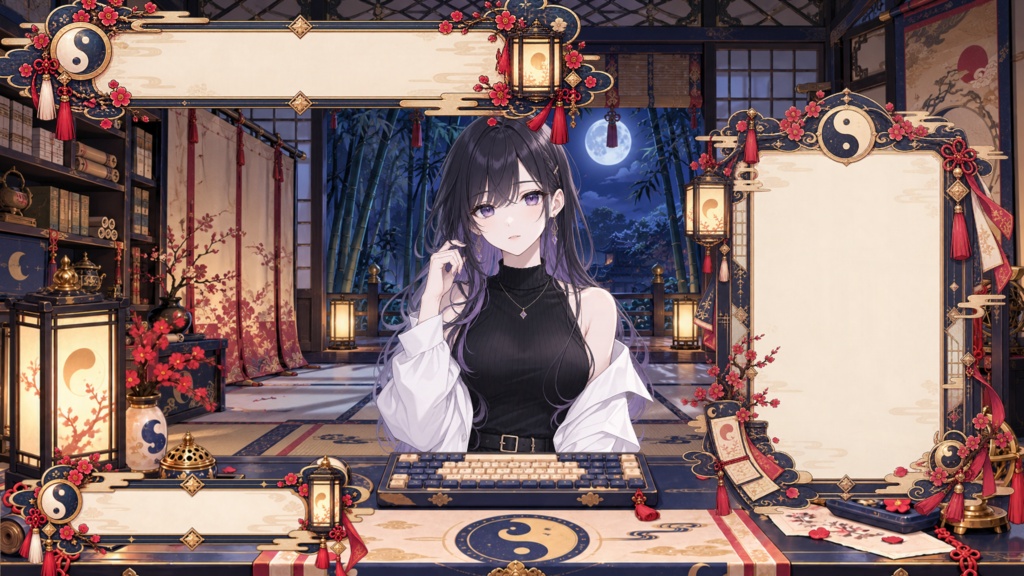 【VTuber向け配信素材】月影の陰陽寮|陰陽師・平安和風・月夜 配信画面セット