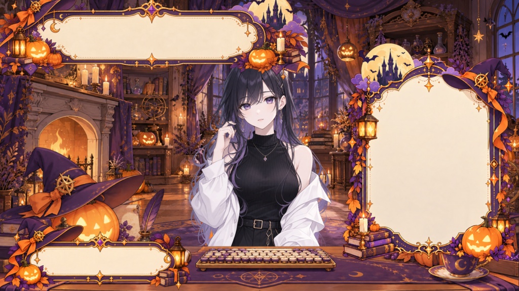 【VTuber向け配信素材】魔女のハロウィンナイト|ジャック・オー・ランタン・魔女・ハロウィン 配信画面セット