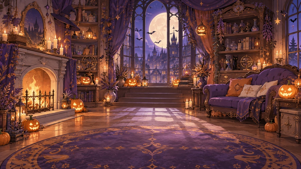 【VTuber向け配信素材】魔女のハロウィンナイト|ジャック・オー・ランタン・魔女・ハロウィン 配信画面セット