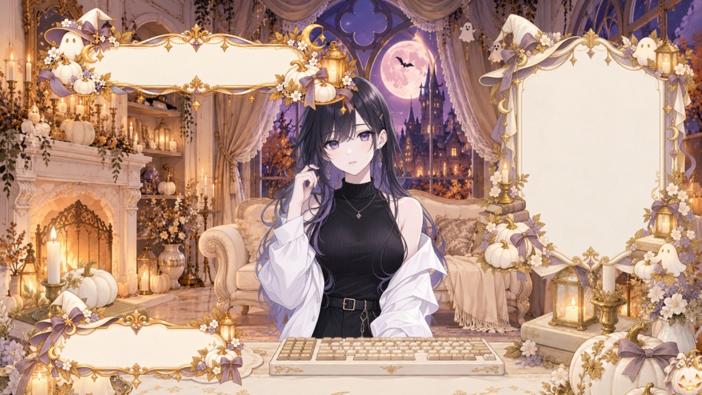 【VTuber向け配信素材】白い魔女のハロウィンルーム|ホワイトパンプキン・ハロウィン・アンティーク 配信画面セット