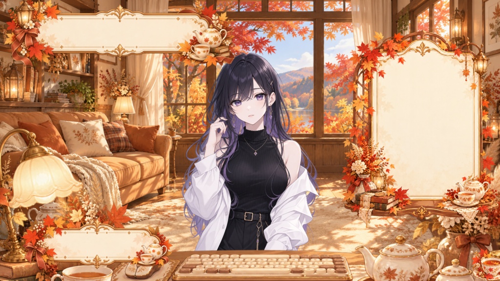 【VTuber向け配信素材】秋灯りのティールーム|紅葉・秋・ティールーム 配信画面セット