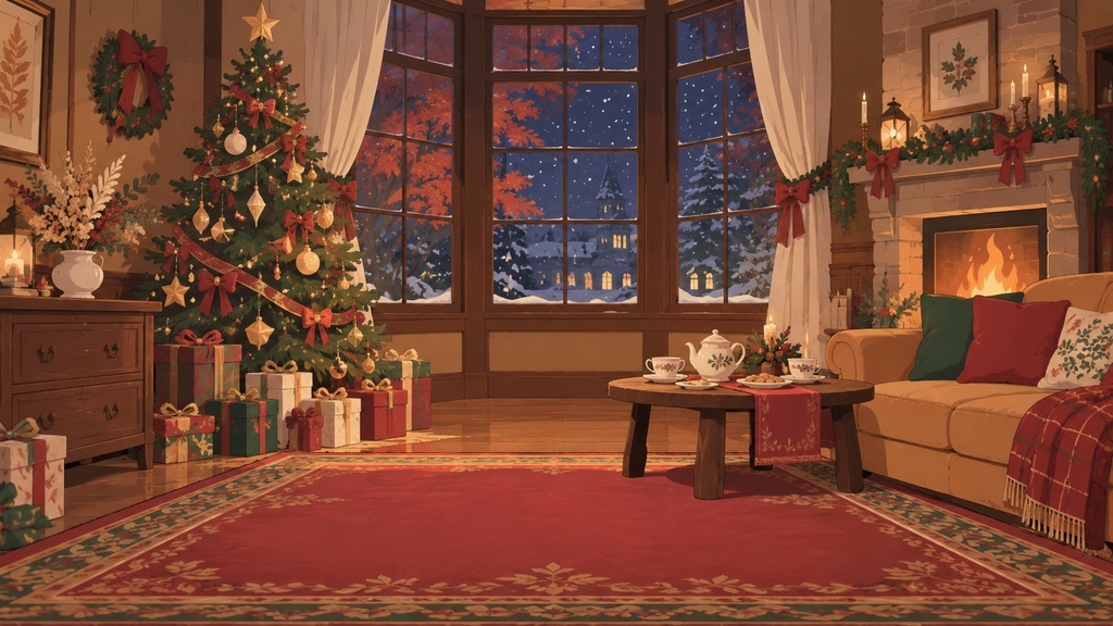 【VTuber向け配信素材】クリスマスパーティーの部屋|クリスマスツリー・洋館・雪夜 配信画面セット