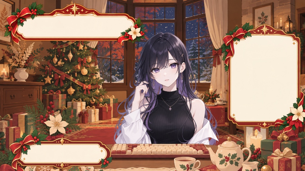 【VTuber向け配信素材】クリスマスパーティーの部屋|クリスマスツリー・洋館・雪夜 配信画面セット