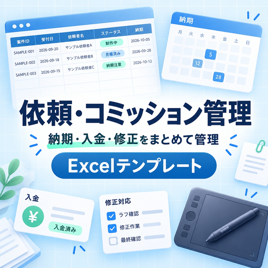 クリエイター向け 依頼・コミッション管理|納期・入金・修正上限・追加料金を自動計算