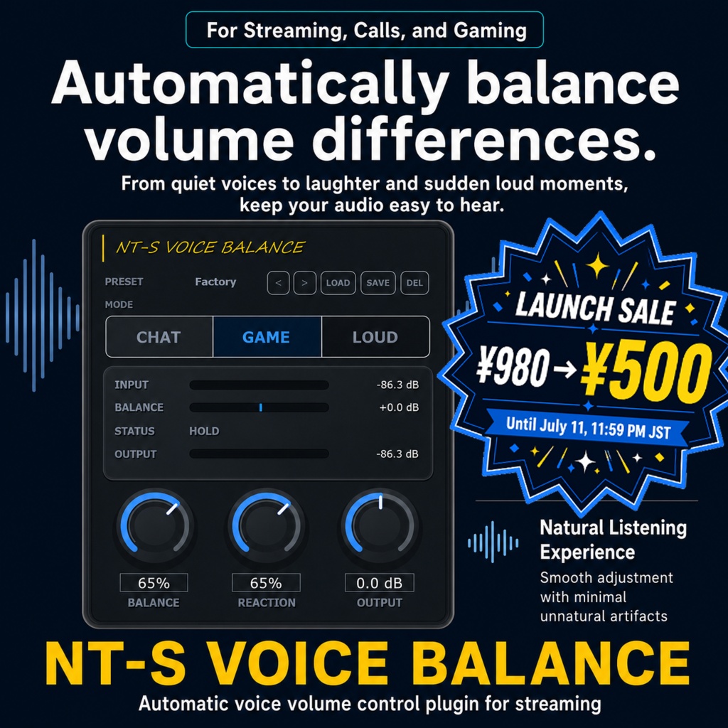 【🎉リリースセール🎉 ~7/11】配信・通話マイク音量安定化VST3|Voice Level Stabilizer|NT-S VOICE BALANCE