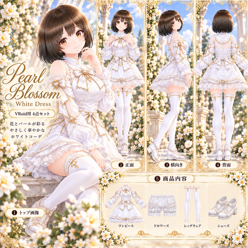Pearl Blossom White Dress｜VRoid用 ホワイトコーデ 4点セット