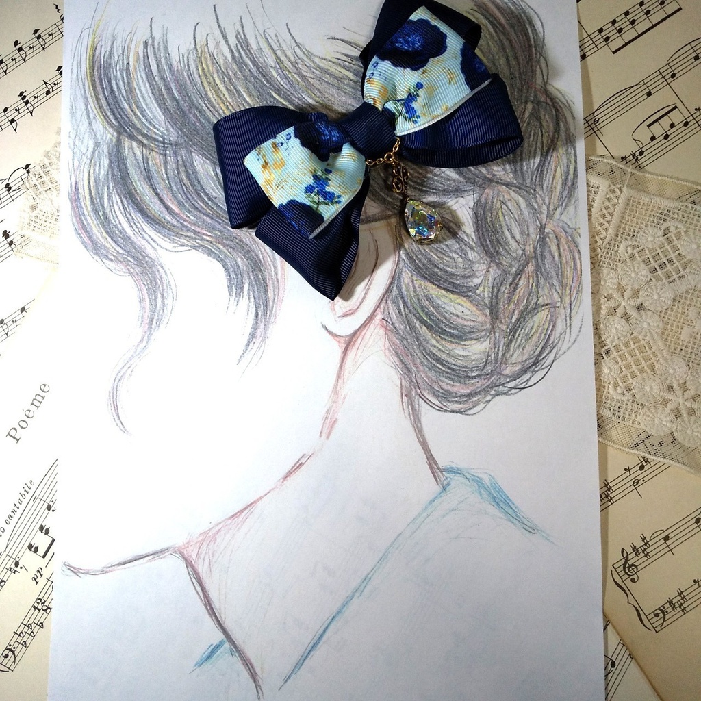 虹色しずくビジューのふんわりリボン2wayクリップ(ブルー)