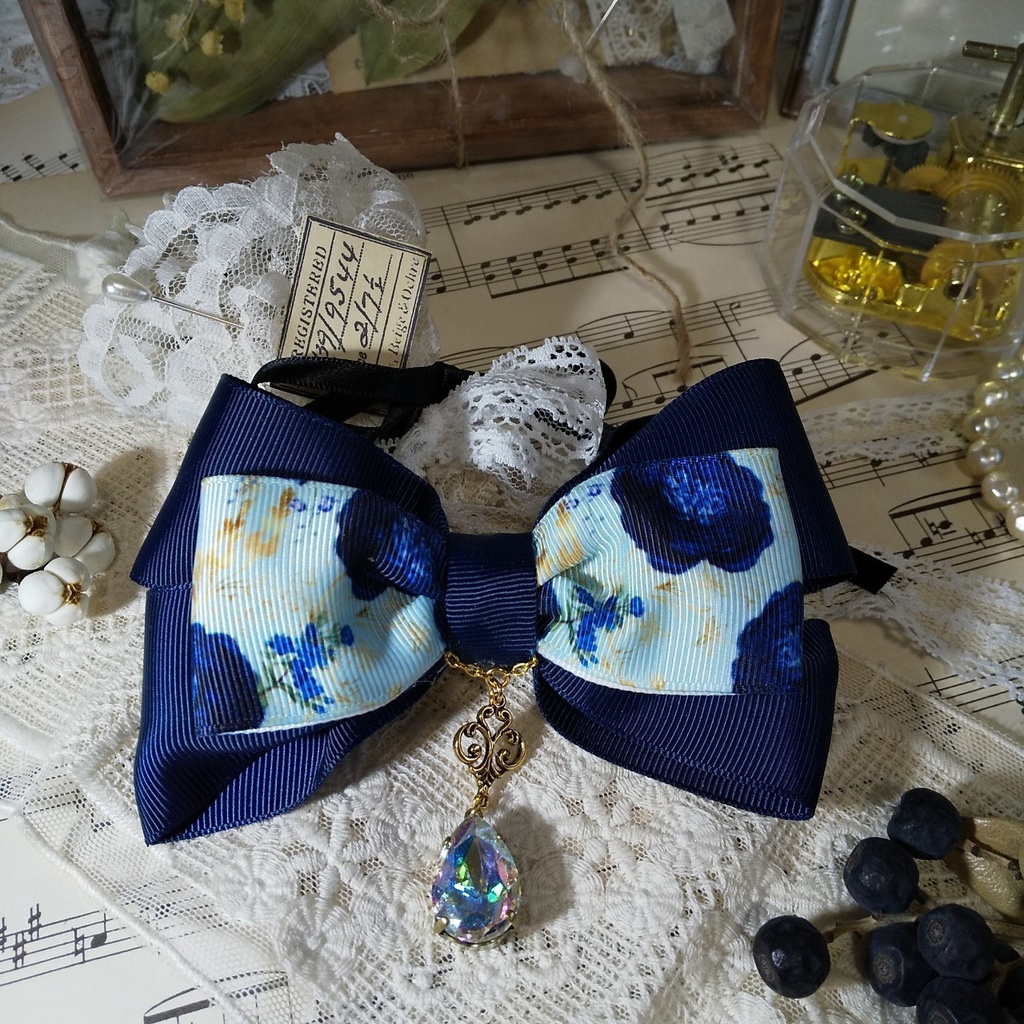 虹色しずくビジューのふんわりリボン2wayクリップ(ブルー)