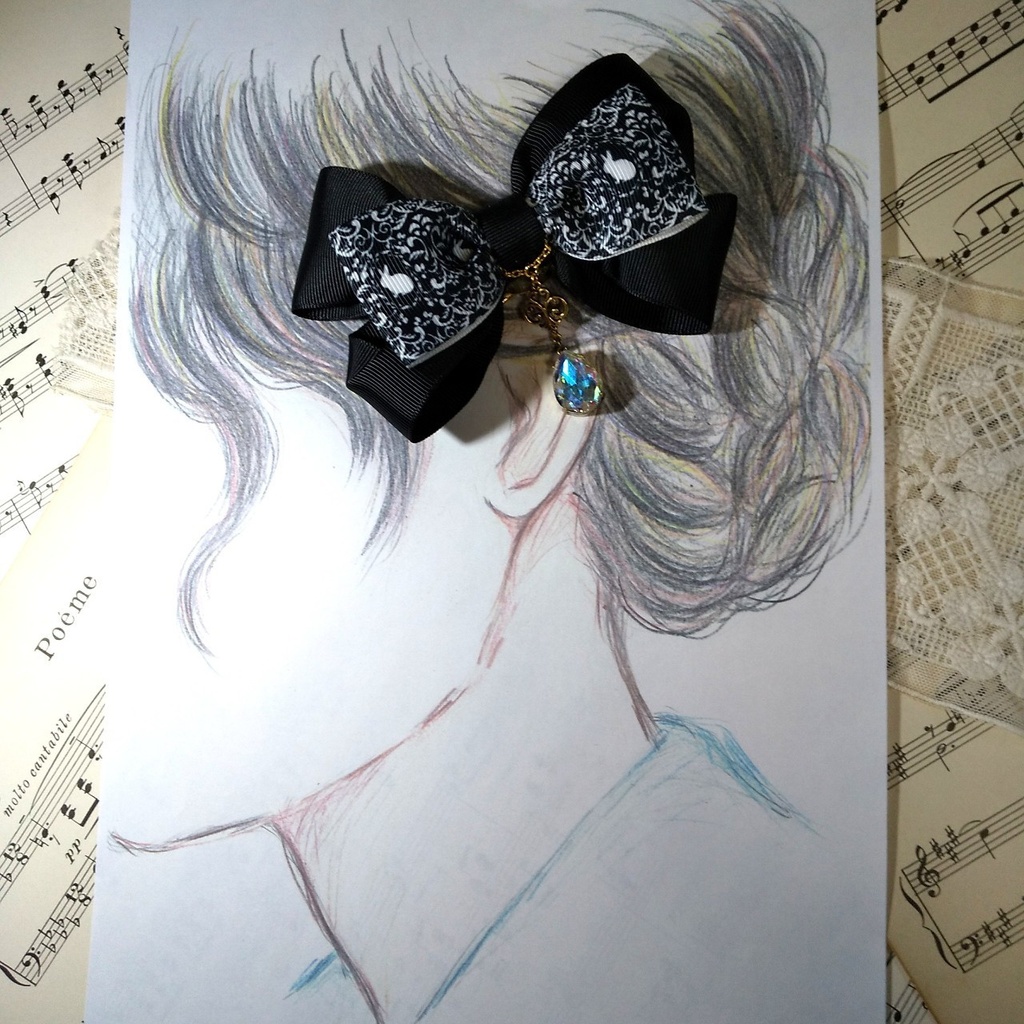 虹色しずくビジューのふんわりリボン2wayクリップ(黒)