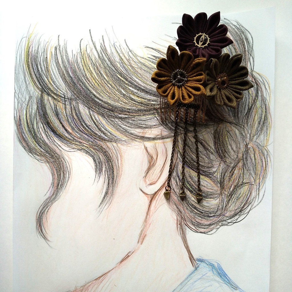 スチパンテイストのつまみ細工の髪飾り