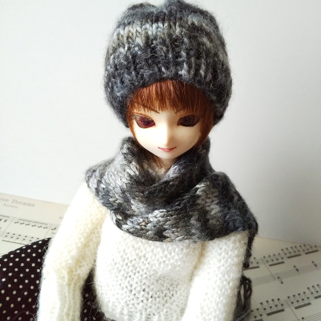 ドール用ロングマフラー&帽子(グレー(細))