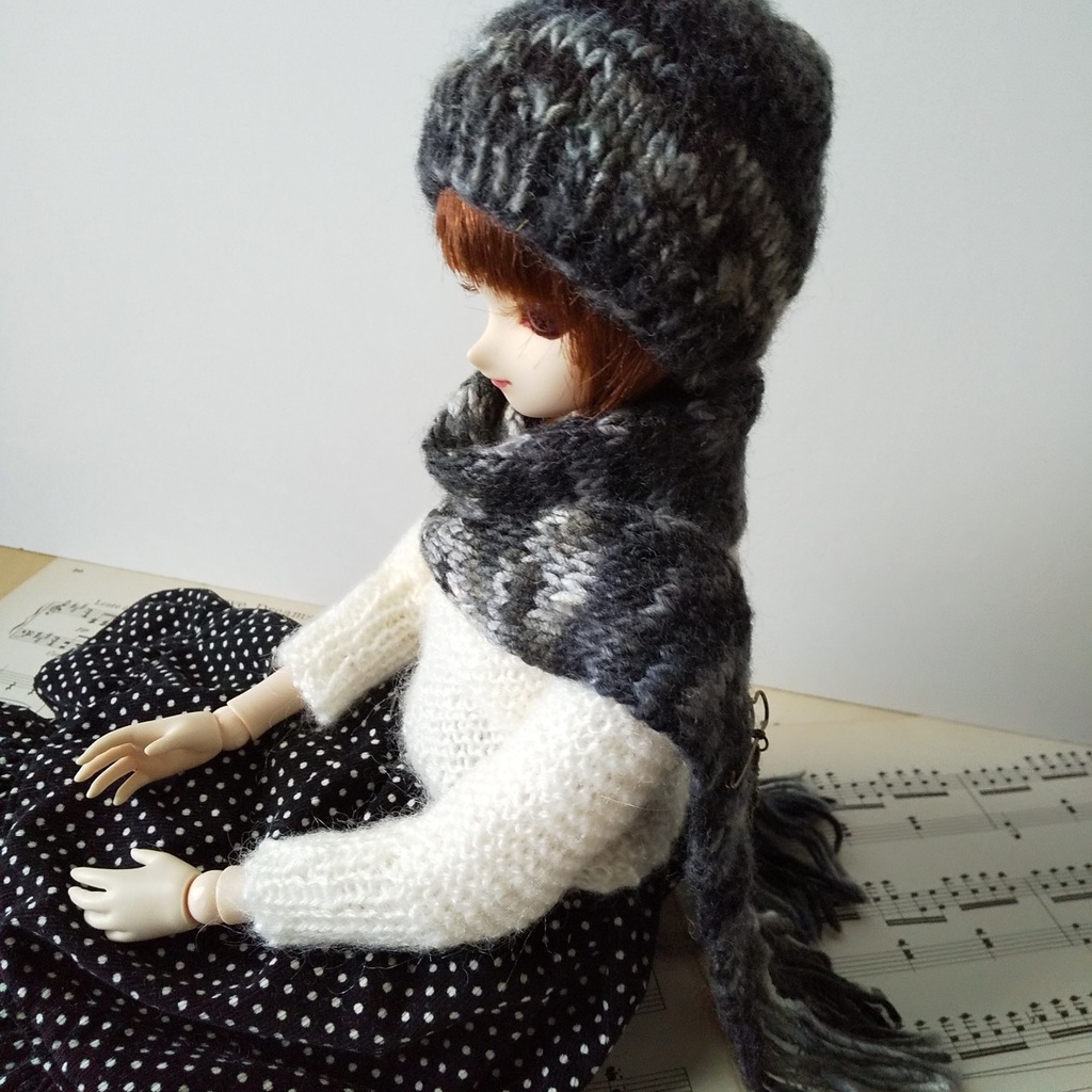 ドール用ロングマフラー&帽子(グレー(細))