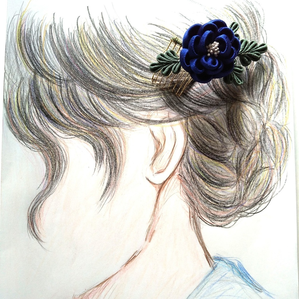 つまみ細工の髪飾り 花一輪~藍色