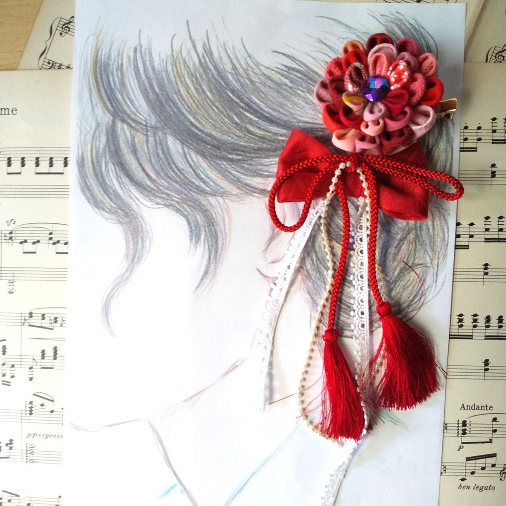 つまみ細工の2wayクリップ~赤系