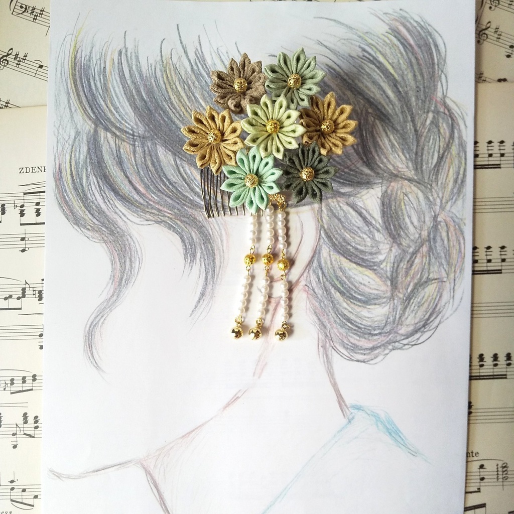 つまみ細工の髪飾り (アースカラーの小花集め)