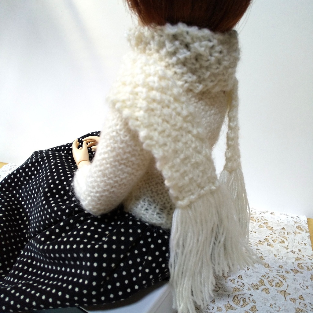 ドール用ロングマフラー(ホワイト,二目鹿の子編み)