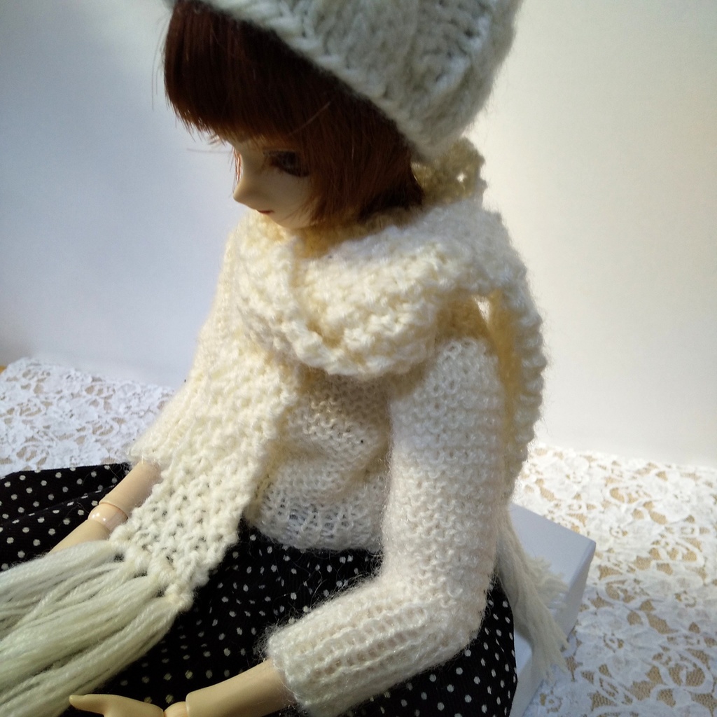 ドール用ロングマフラー(ホワイト,二目鹿の子編み)