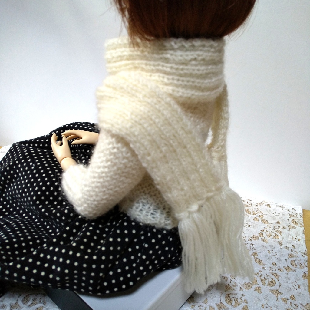 ドール用ロングマフラー(ホワイト,二目ゴム編み)