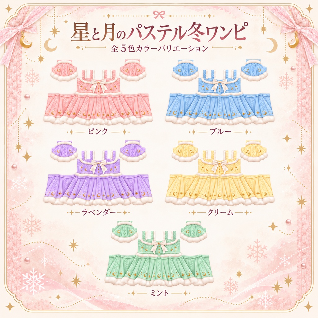 【VRoid衣装】星と月のパステル冬ワンピ|全5色・無料SAMPLEあり
