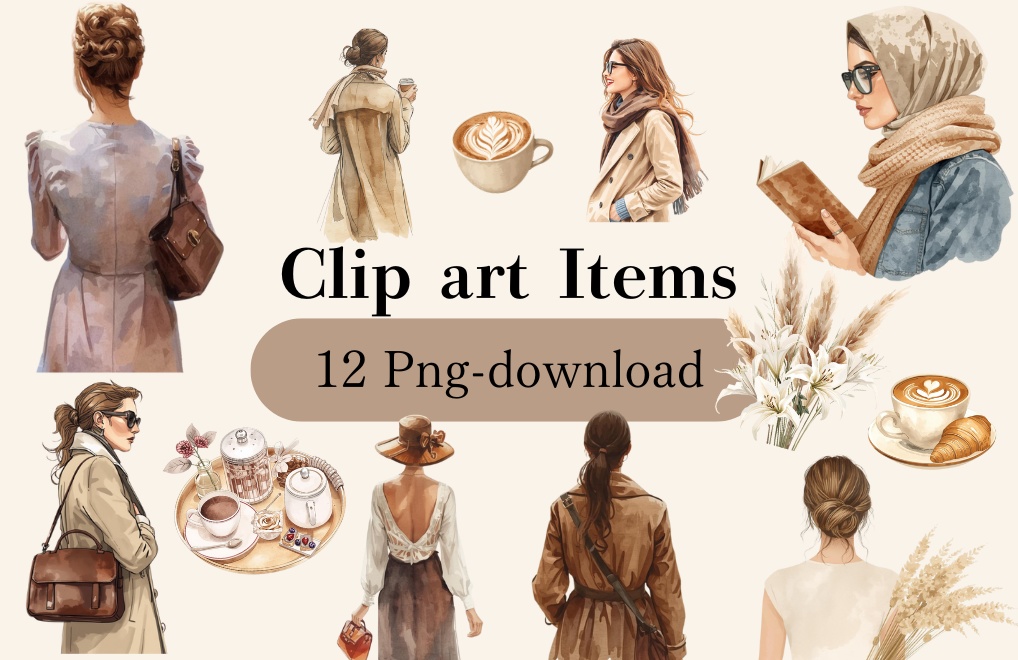 ブラウン&ベージュ・水彩女性シルエット（背景なし・PNG素材）