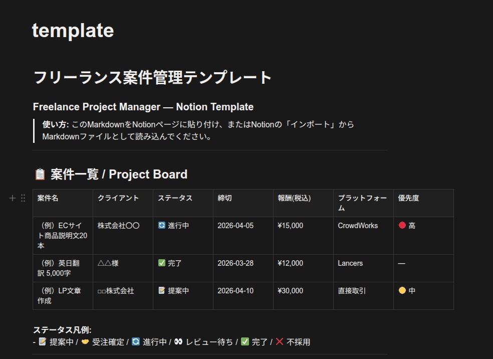 フリーランス案件管理 Notionテンプレート｜収益・時間・クライアント一元管理