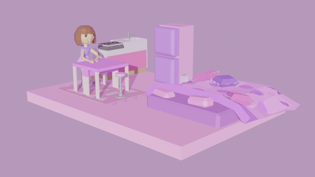 部屋の背景パーツや少女付き-FBXの3Dデータ19個セット-かわいいローポリゴンジオラマ