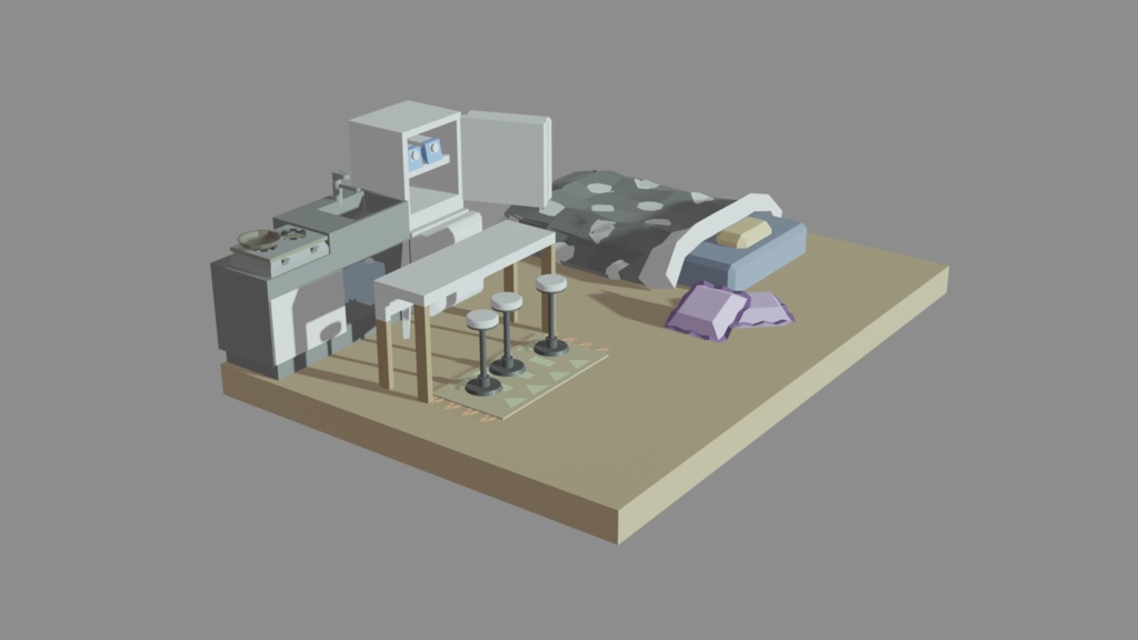 部屋の背景パーツや少女付き-FBXの3Dデータ19個セット-かわいいローポリゴンジオラマ