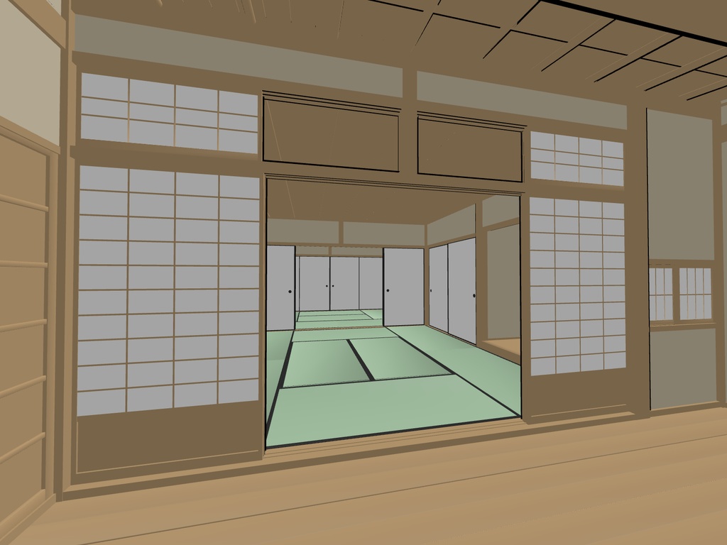 クリスタ用 3D和室(2室+床の間+縁側+梯子段) 可動建具(障子18枚+襖10枚+舞良戸(板戸)9枚) Japanese house 3D model for Clip Studio