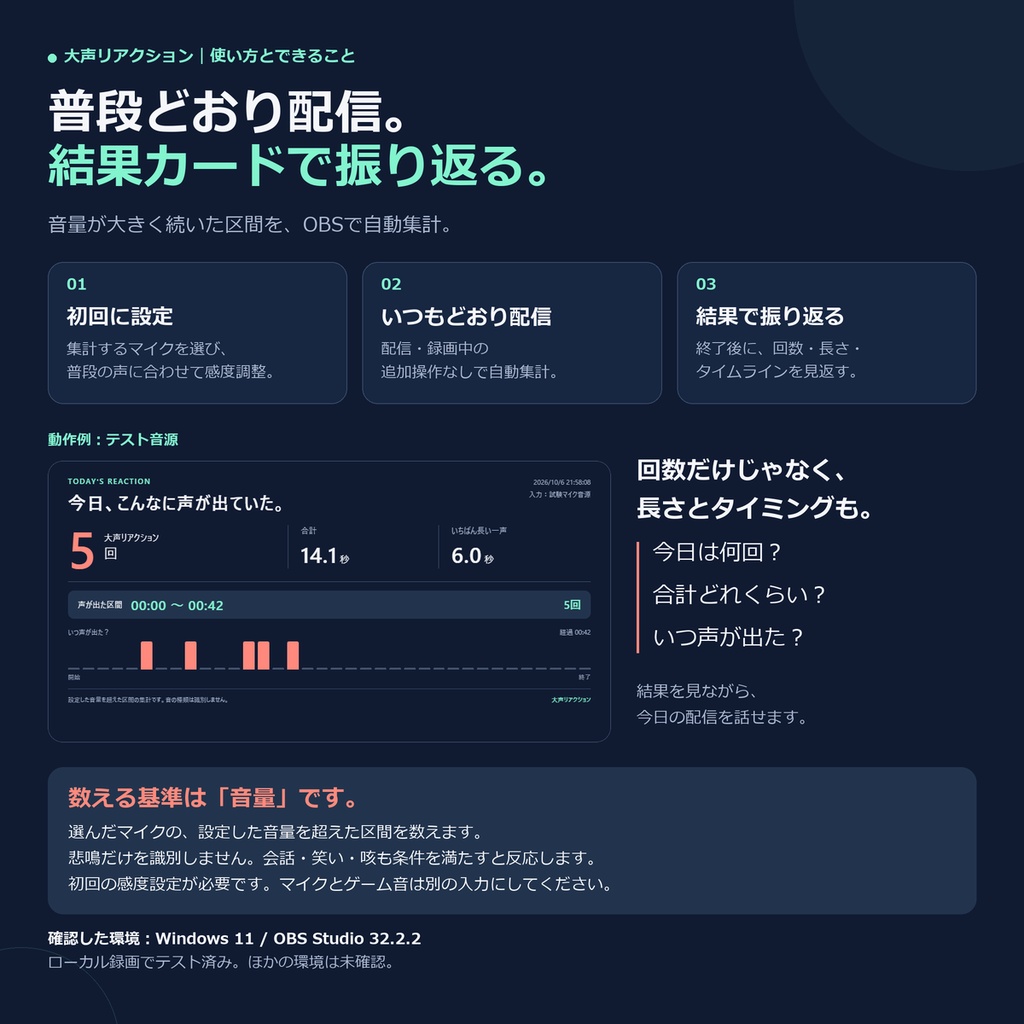 【OBS用】大声リアクション|選べる相棒3体・自動集計+結果カード