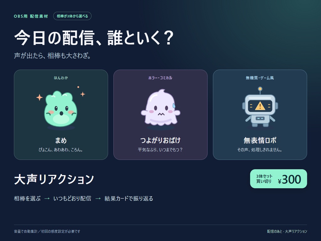 【OBS用】大声リアクション｜選べる相棒3体・自動集計＋結果カード