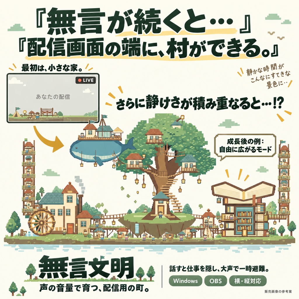 無言文明｜黙ると育つ、配信画面の小さな町【Windows・OBS／横縦対応】