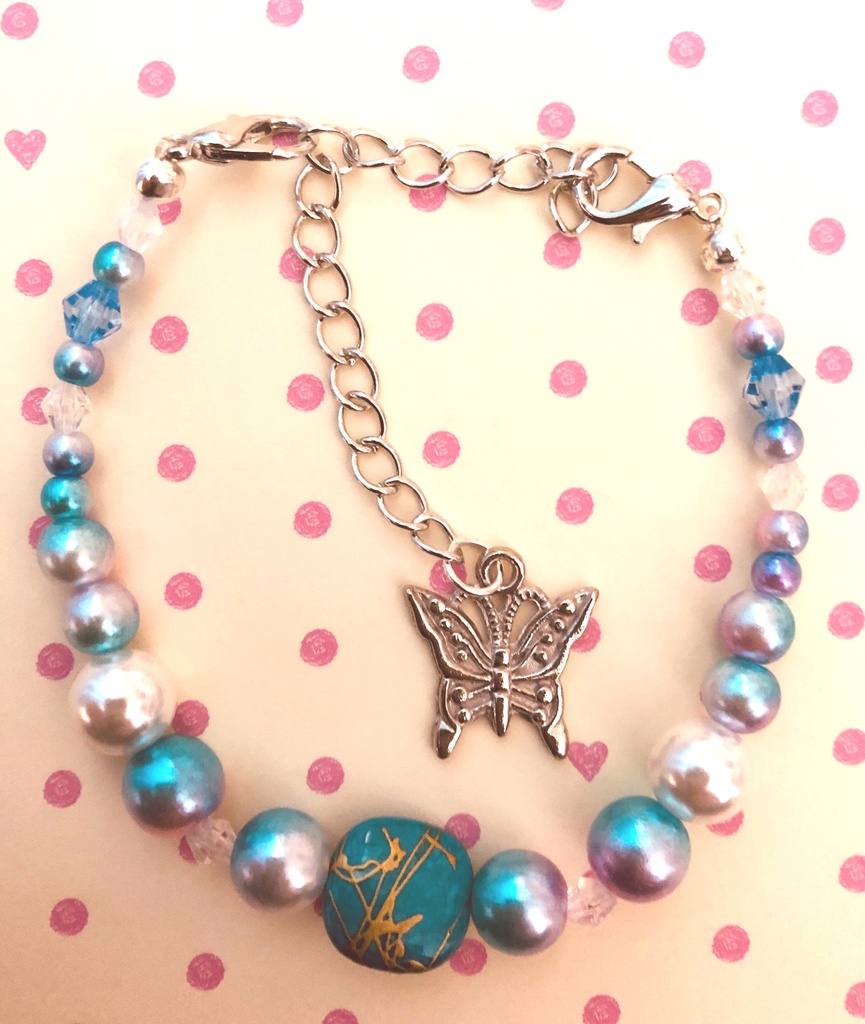 ブレスレットにもなるグラデーションビーズの碧色2wayマスクバンド