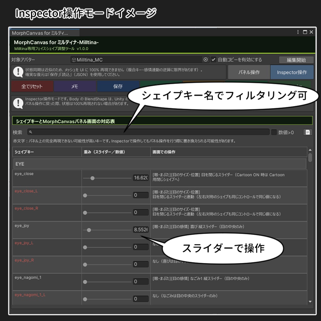 🎊発売記念セール中!🎊【VRChat 表情改変支援ツール】MorphCanvas - for ミルティナ【Unity Editor拡張】