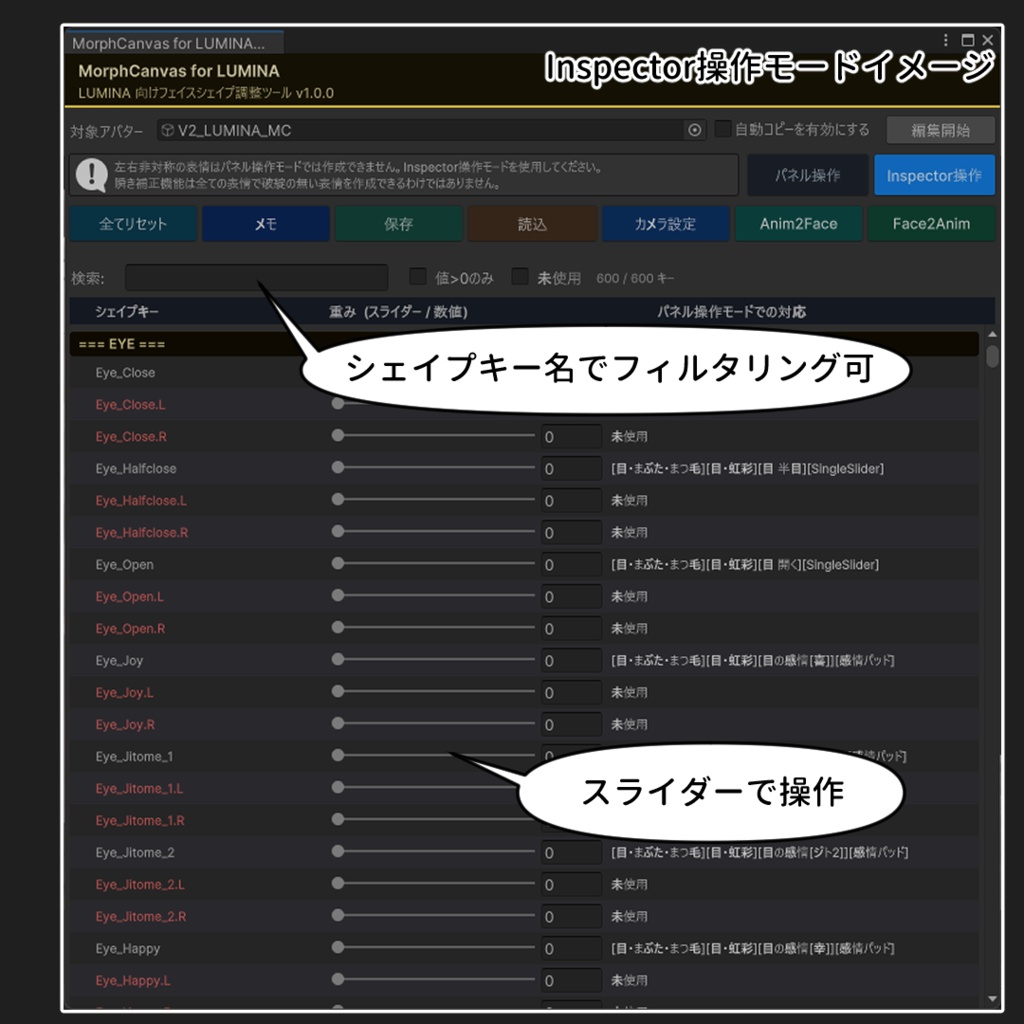 【VRChat 表情改変支援ツール】MorphCanvas - for Lumina (Ver.2) 【Unity Editor拡張】