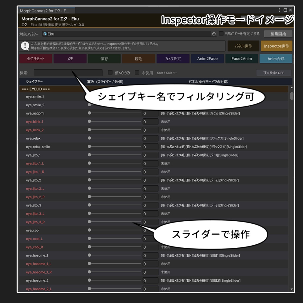 【VRChat 表情改変支援ツール】MorphCanvas2 - for エク - Eku 【Unity Editor拡張】